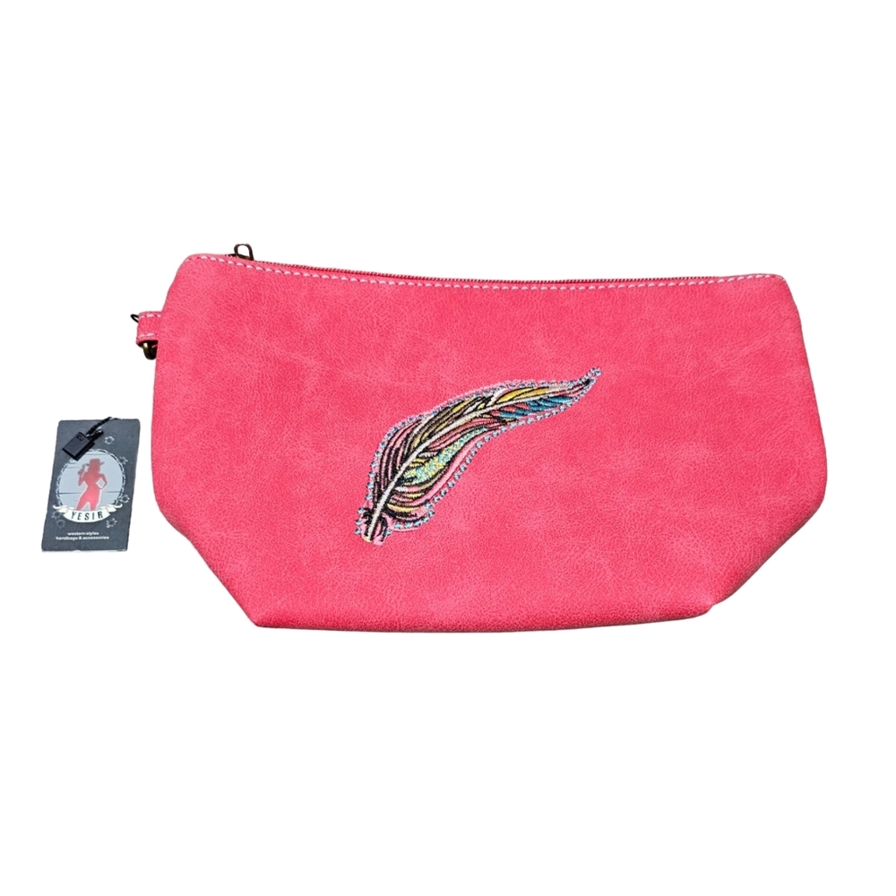 NWT Leather Like Red Feather Makeup Bag